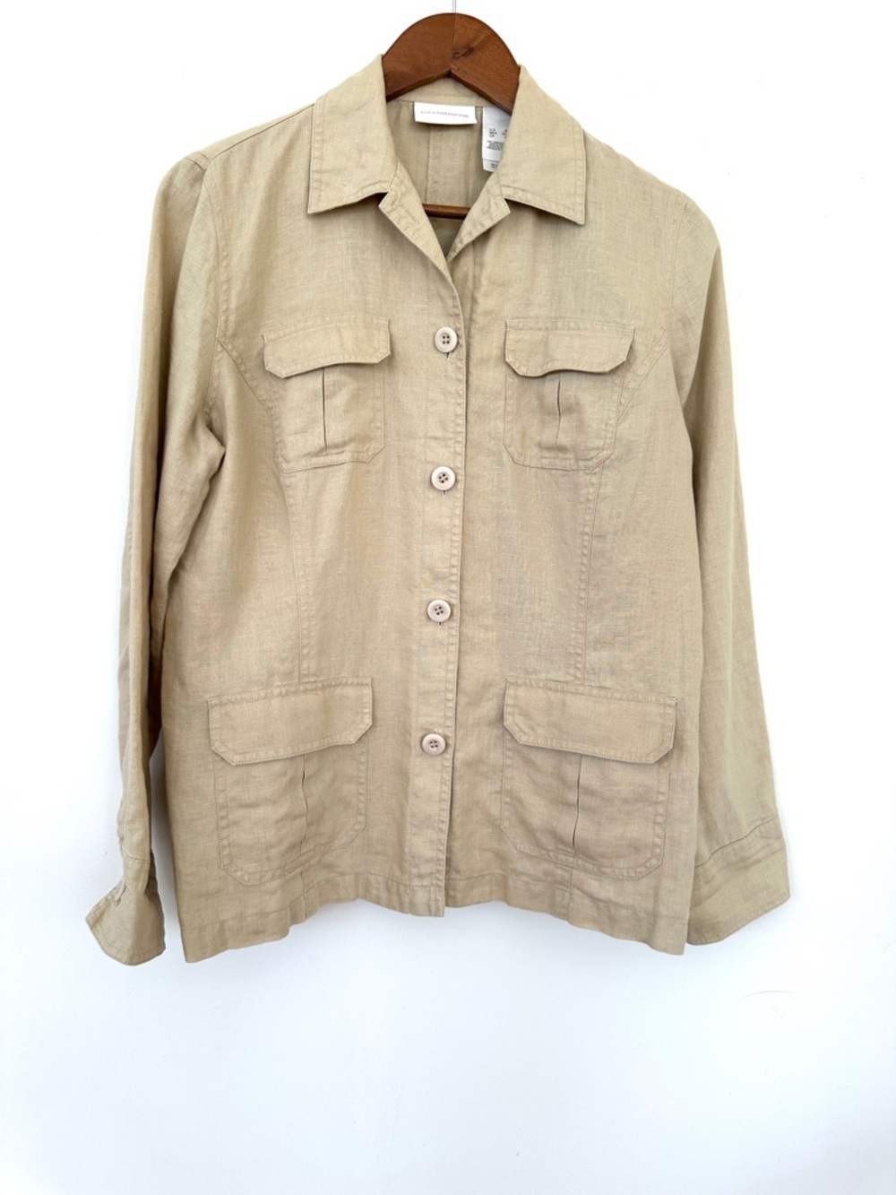 Liz Claiborne Tan Utility Jacket with Flap Pockets, Relaxed Fit, 💯 Linen